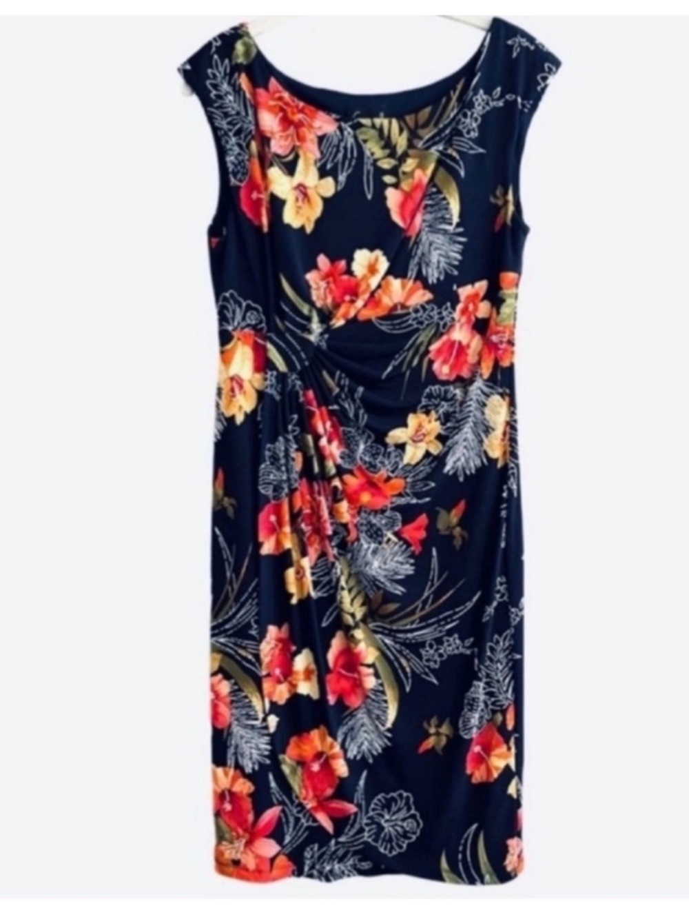 Connected Apparel Drape Front Tropical Dress Cap Sleeve Jersey Navy Blue Size 10